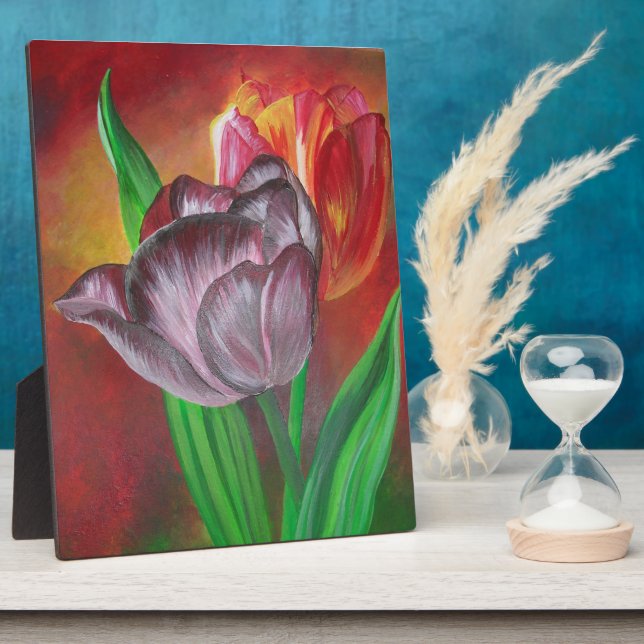Two Tulips Against Red Background Plaque (Side)