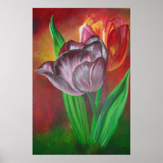 Two Tulips Against Red Background Poster