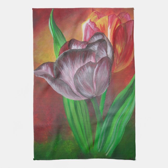 Two Tulips Against Red Background Tea Towel (Vertical)