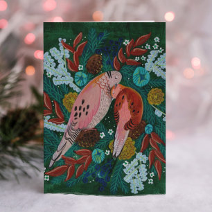 Two turtle Doves floral wreath Christmas holiday Card