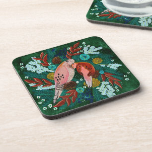 Two turtle Doves floral wreath Christmas holiday Coaster