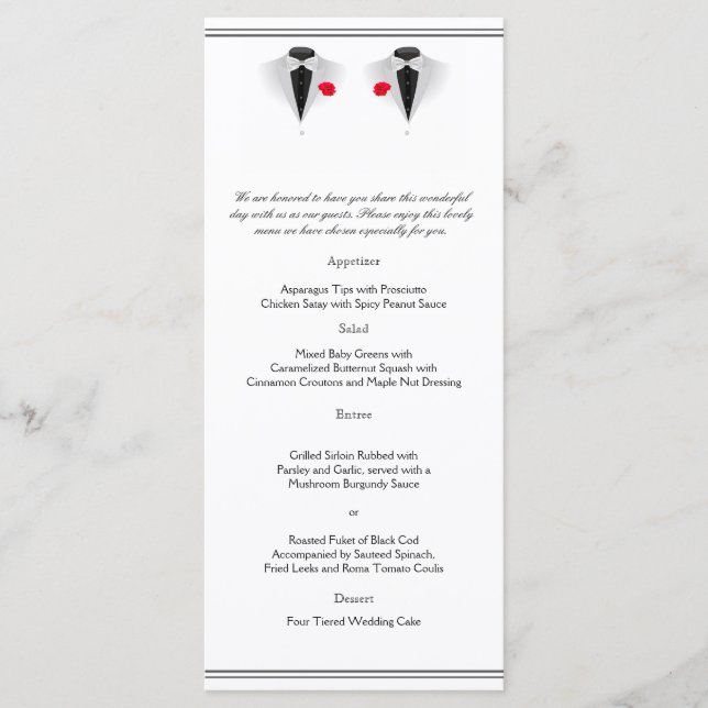 Two Tuxedos on White Gay Wedding Menu (Front)