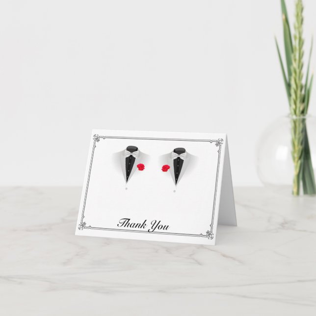 Two Tuxedos on White Gay Wedding Thank You Card (Front)