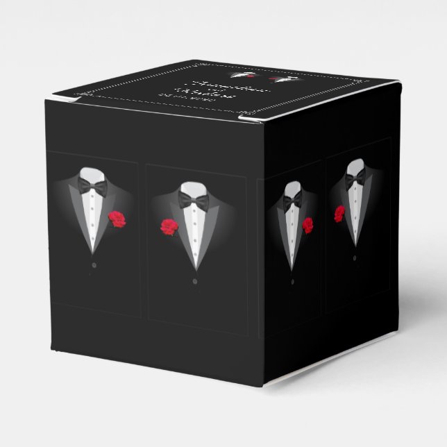 Two Tuxedos with Red Rose Gay Wedding Favour Box (Front Side)