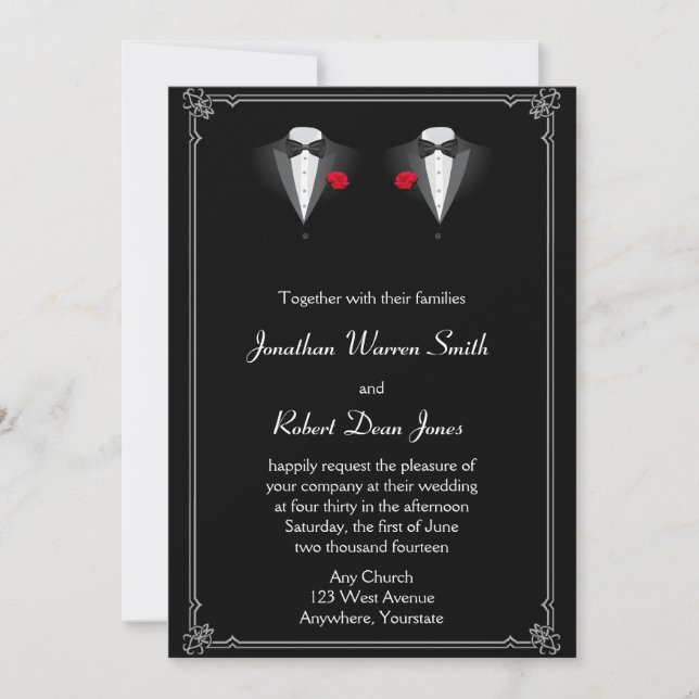Two Tuxedos with Red Rose Gay Wedding Invitation (Front)