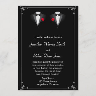 Two Tuxedos with Red Rose Gay Wedding Invitation