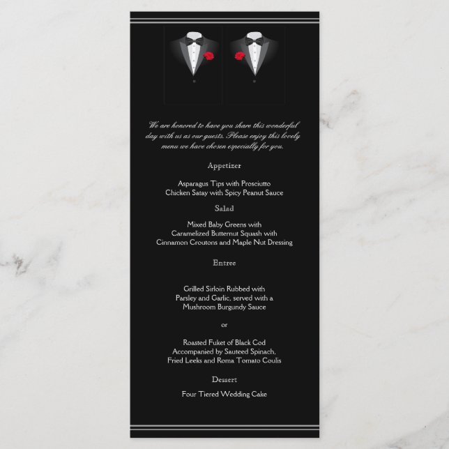 Two Tuxedos with Red Rose Gay Wedding Menu (Front)