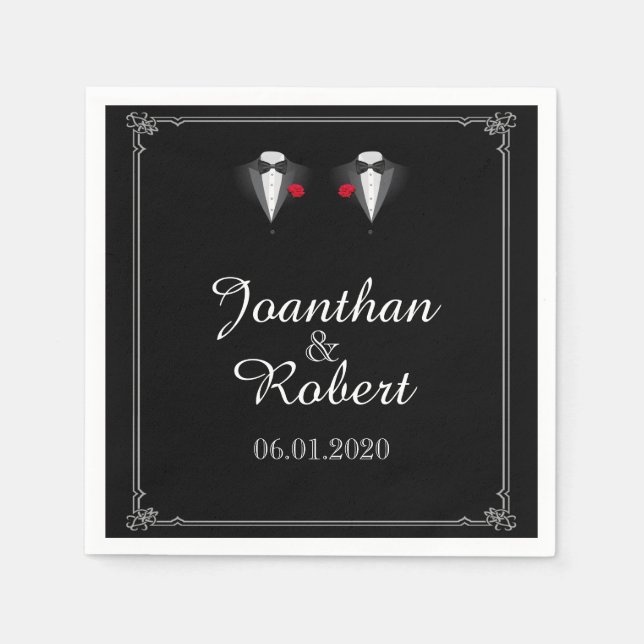 Two Tuxedos with Red Rose Gay Wedding Napkin (Front)