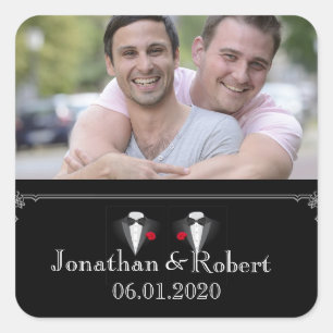 Two Tuxedos with Red Rose Gay Wedding Square Sticker