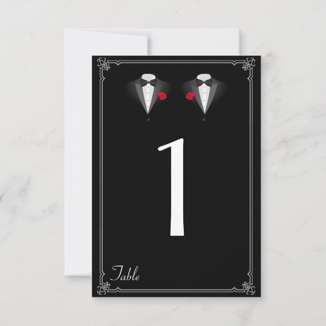 Two Tuxedos with Red Rose Gay Wedding Table Number (Back)