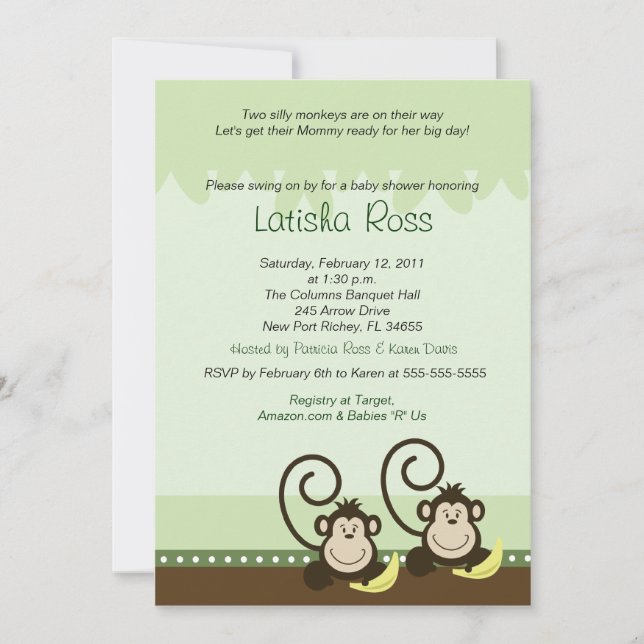 Two twin Silly Monkeys Boys Baby Shower 5x7 Invitation (Front)