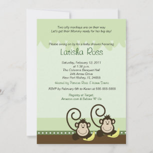 Two twin Silly Monkeys Boys Baby Shower 5x7 Invitation