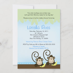 Two twin Silly Monkeys Boys Baby Shower 5x7 Invitation