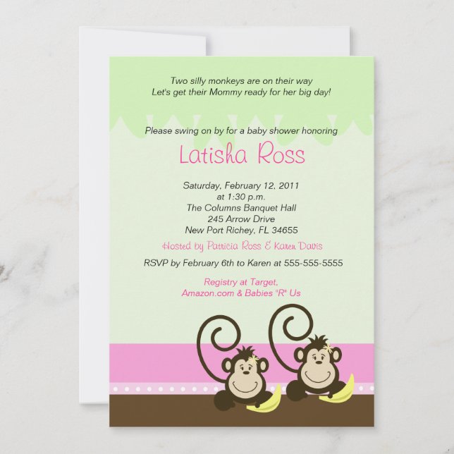Two twin Silly Monkeys Girls Baby Shower 5x7 Invitation (Front)