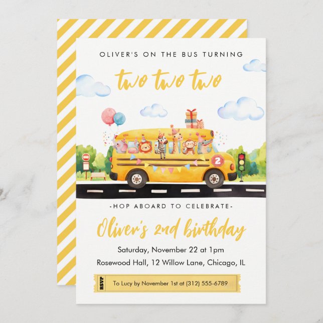 Two Two Two School Bus 2nd Birthday Invitation (Front/Back)