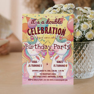 Two Unicorns and Balloons Double Birthday Party Invitation