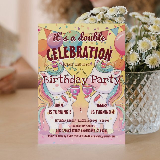 Two Unicorns and Balloons Double Birthday Party Invitation (Creator Uploaded)