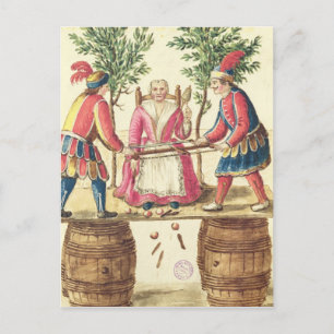 Two Venetian magicians sawing a woman in half Postcard