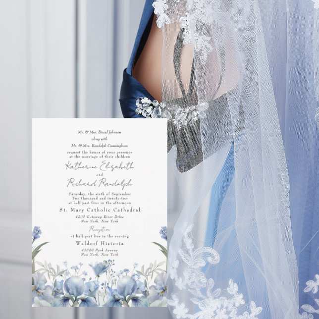 Two Venue Dusty Blue Floral Both Parents Wedding Invitation (Creator Uploaded)