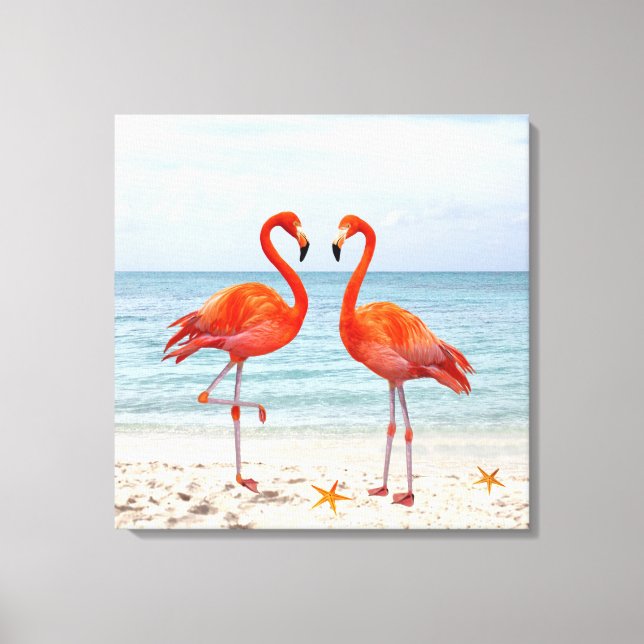 Two Vibrant Pink Flamingos on the Beach Canvas (Front)