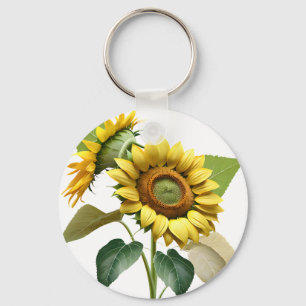 Two Vibrant Sunflowers with Lush Green Leaves Key Ring