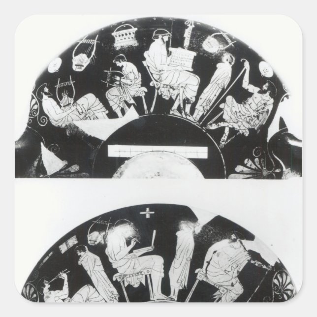 Two views of an attic red-figure cup square sticker (Front)
