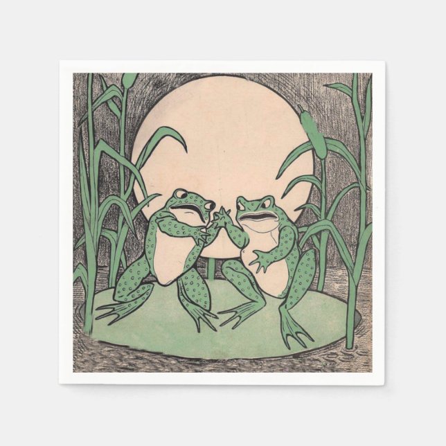 Two Vintage Funny Love Green Frogs Moon Napkin (Front)