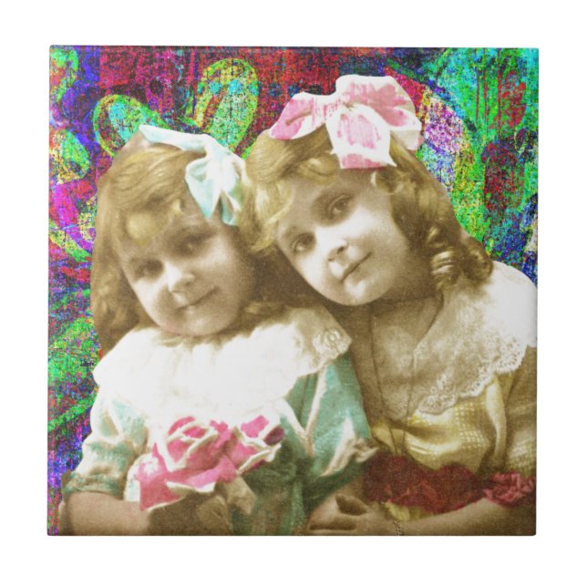 Two Vintage Little Girls Digital Art Tile (Front)