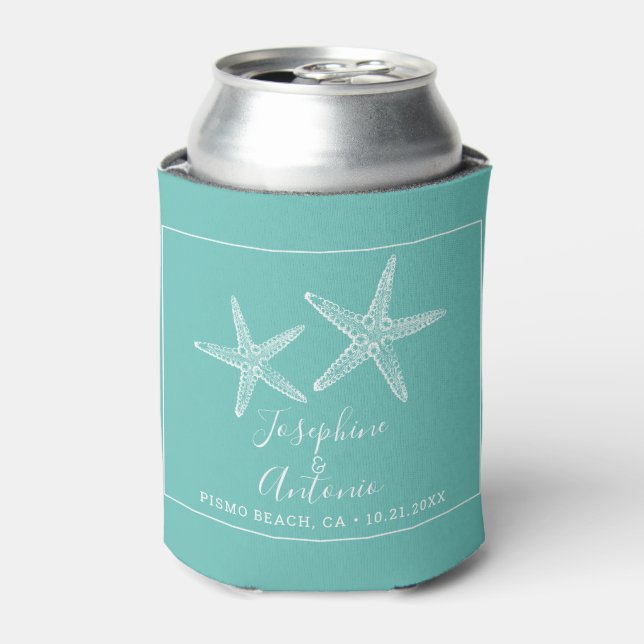 Two Vintage Starfish Turquoise Wedding Can Cooler (Can Front)