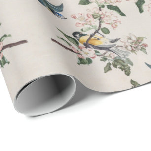 Two vintage tit birds on an apple tree wrapping paper