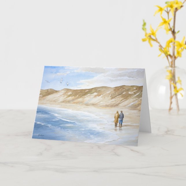 Two Walkers on the beach - Card (Yellow Flower)