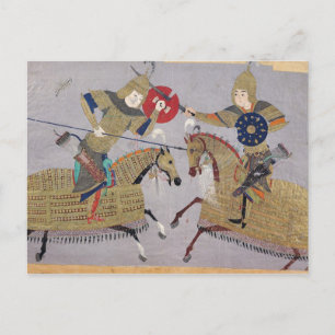 Two warriors on horseback in combat postcard