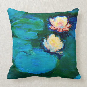 Two Water Lily Flowers Claude Monet Fine Art Cushion