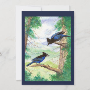Two Watercolor Stellar Jay Birds Forest Trees Card