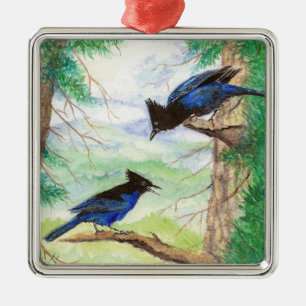 Two Watercolor Stellar Jay Birds Forest Trees   Metal Tree Decoration