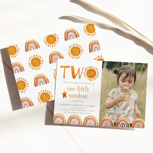 Two Watercolor Sun and Rainbow Photo 2nd Birthday  Invitation (Creator Uploaded)