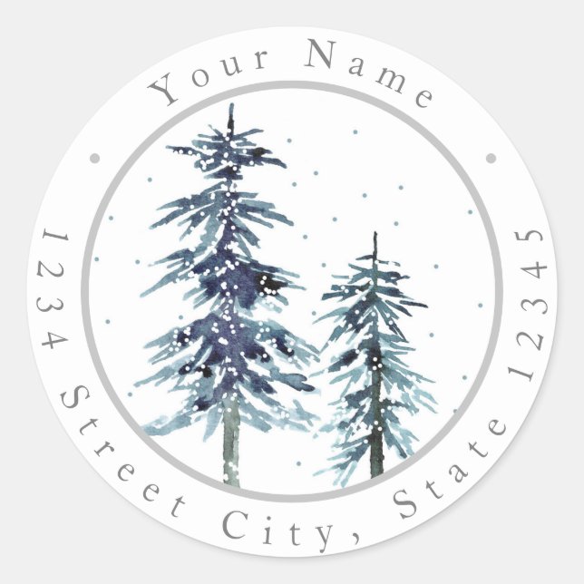 Two Watercolor Winter Pine Trees 2 Labels (Front)