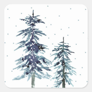Two Watercolor Winter Pine Trees 2 Square Sticker