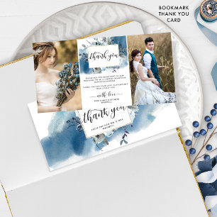 Two Wedding Photo Blue Watercolor Floral Thank you Card
