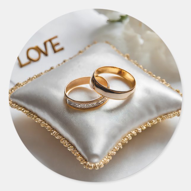 Two wedding rings on a white pillow  classic round sticker (Front)