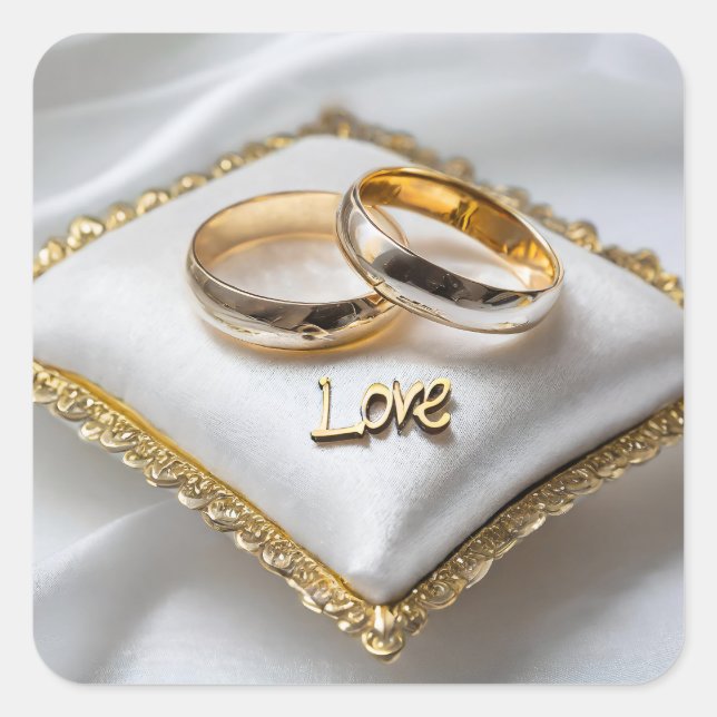Two wedding rings on a white pillow  square sticker (Front)