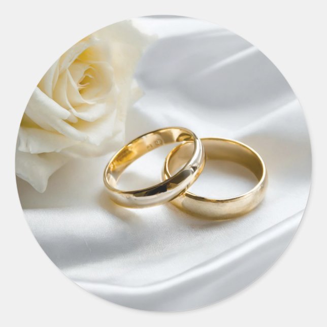 Two wedding rings on satin with white rose classic round sticker (Front)