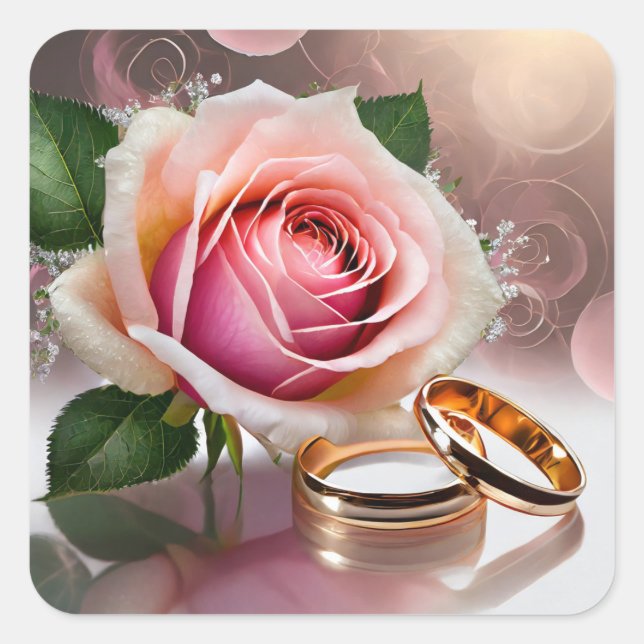 Two wedding rings with a light pink rose square sticker (Front)