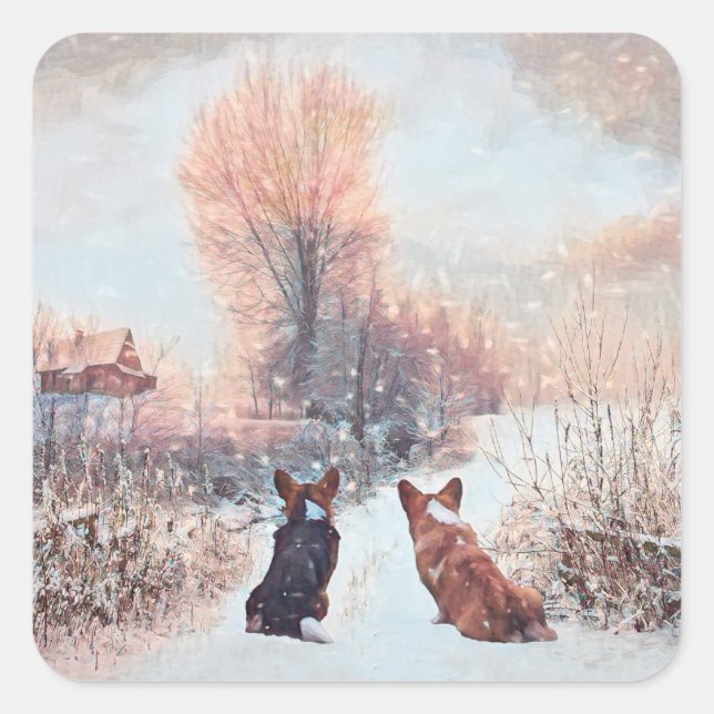 Two Welsh Corgis First Snow Square Sticker (Front)