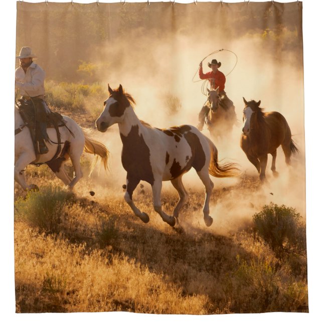 Two western cowboys riding horses, roping wild hor shower curtain (Front)
