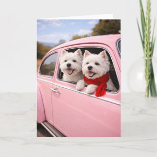 Two Westie Dogs in Pink Vintage Car Valentine Card