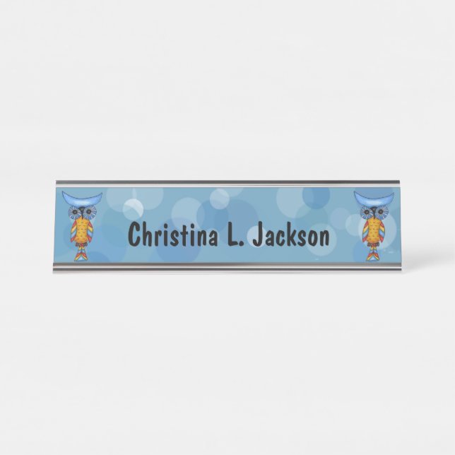 Two Whimsical Owls Colourful Feathers Blue Circles Desk Name Plate (Front)