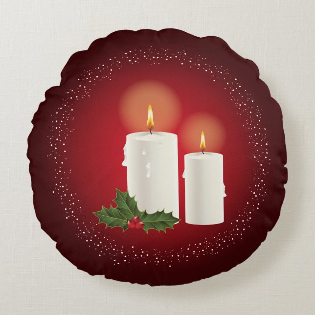 Two White Candles On Red With Christmas Holly Round Cushion (Front)