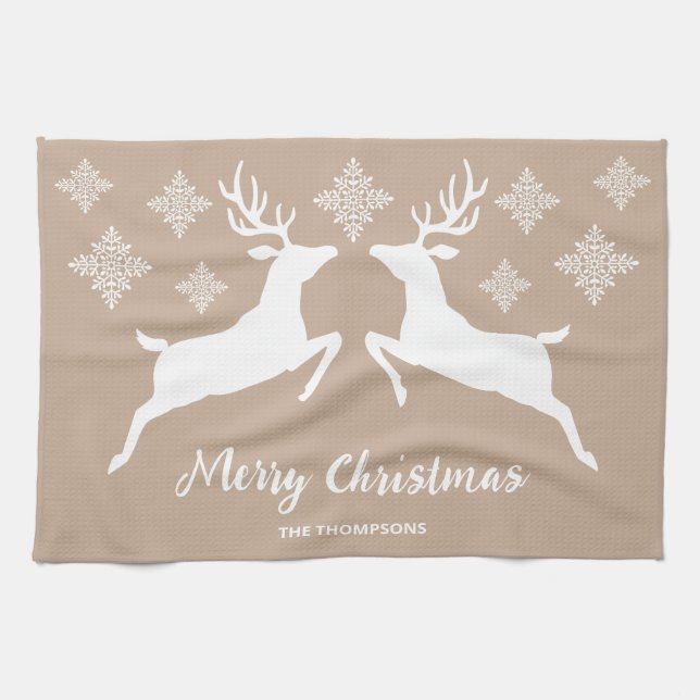 Two White Deer On Beige With Snowflakes & Text Tea Towel (Horizontal)