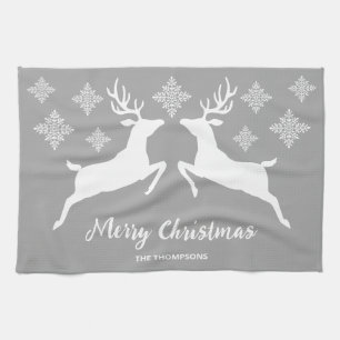 Two White Deer On Grey With Snowflakes & Text Tea Towel